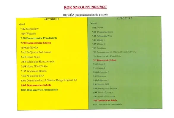 Rozkład jazdy autobusów szkolnych w roku szkolnym 2026/2027