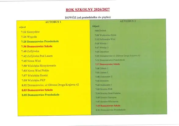 Rozkład jazdy autobusów szkolnych w roku szkolnym 2026/2027