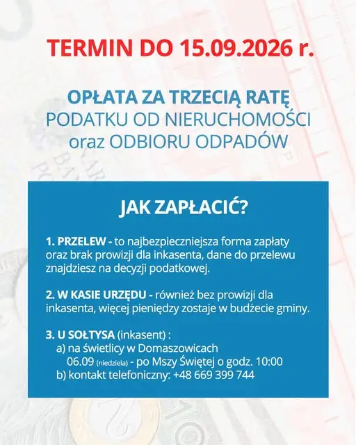 Przypominamy: 15 września mija termin płatności drugiej raty podatku od nieruchomości i opłaty za odpady