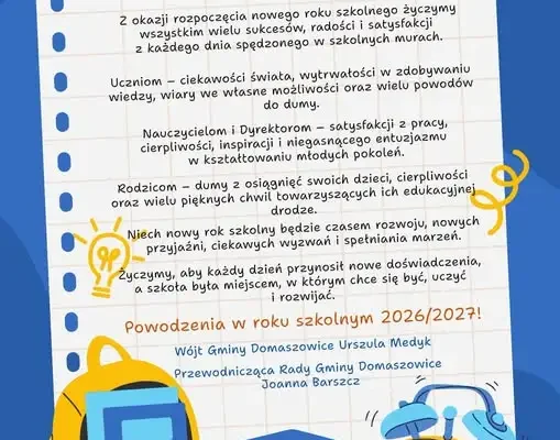 Życzenia na start roku szkolnego 2026/2027 od władz gminy Domaszowice