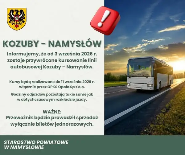 Ważna informacja dla mieszkańców: linia autobusowa Kozuby-Namysłów wraca od 3 września