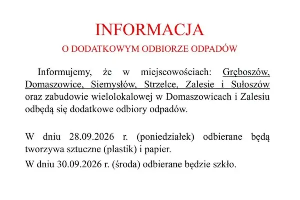 Dodatkowy odbiór odpadów w gminie Domaszowice – sprawdź harmonogram