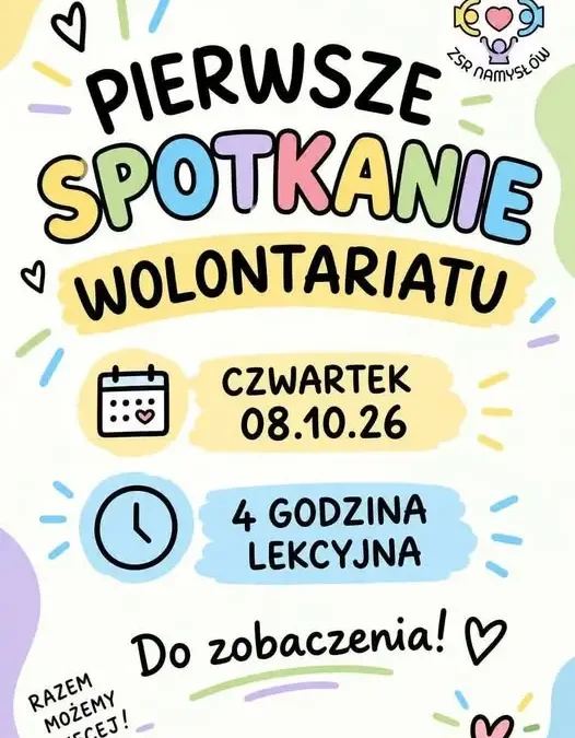 Zespół Szkół Rolniczych w Namysłowie zaprasza uczniów klas 1-4 na spotkanie wolontariuszy