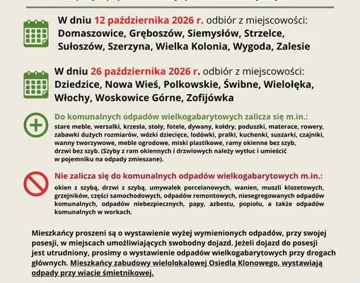 Gmina Domaszowice: zbiórka odpadów wielkogabarytowych i elektrośmieci w październiku 2026