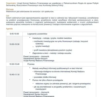 Bezpłatne webinarium KNF: jak seniorzy mogą ustrzec się przed fałszywymi inwestycjami w sieci