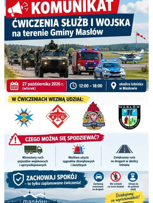 Ćwiczenia wojskowe i służb w gminie Masłów – 27 października 2026